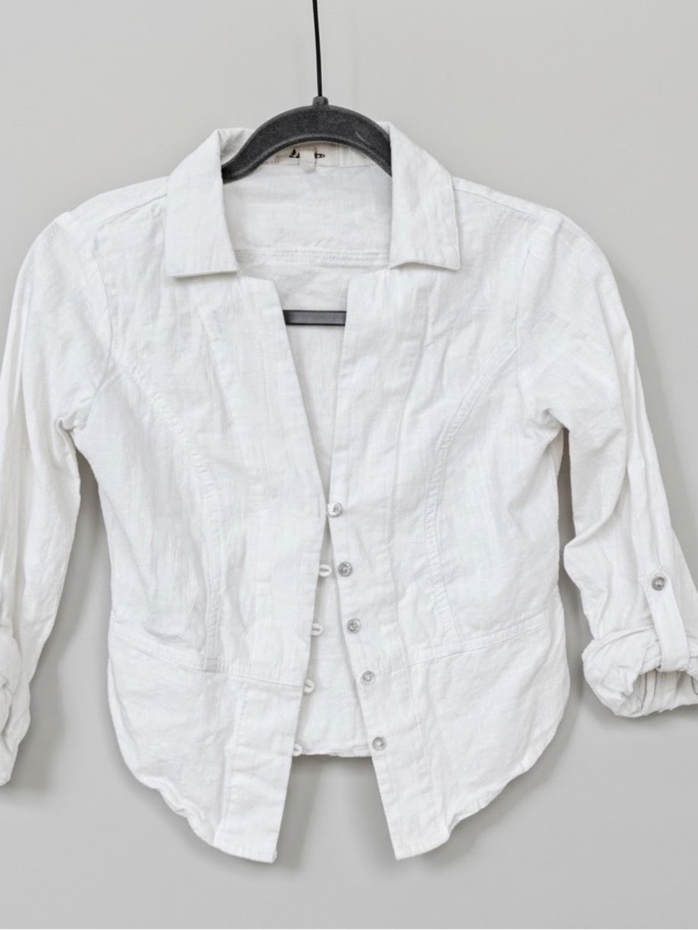 Love Notes 100% Cotton Cropped Button Up Shirt S White Roll Tab Coastal Prep EUC